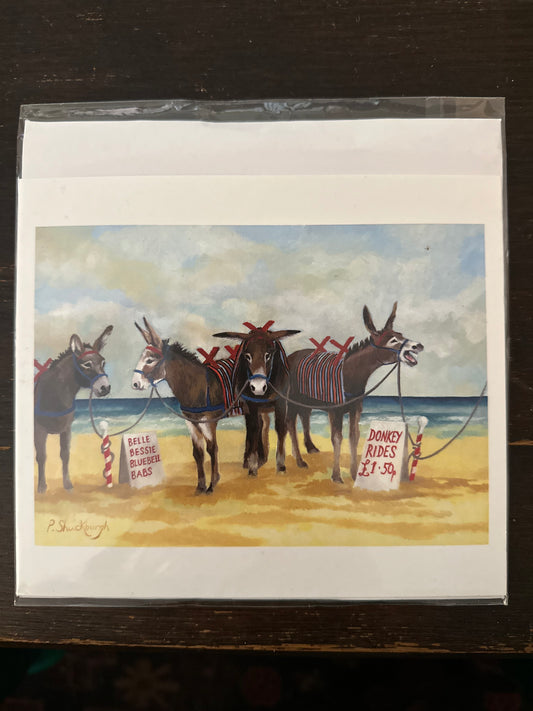 Seaside donkeys greetings card